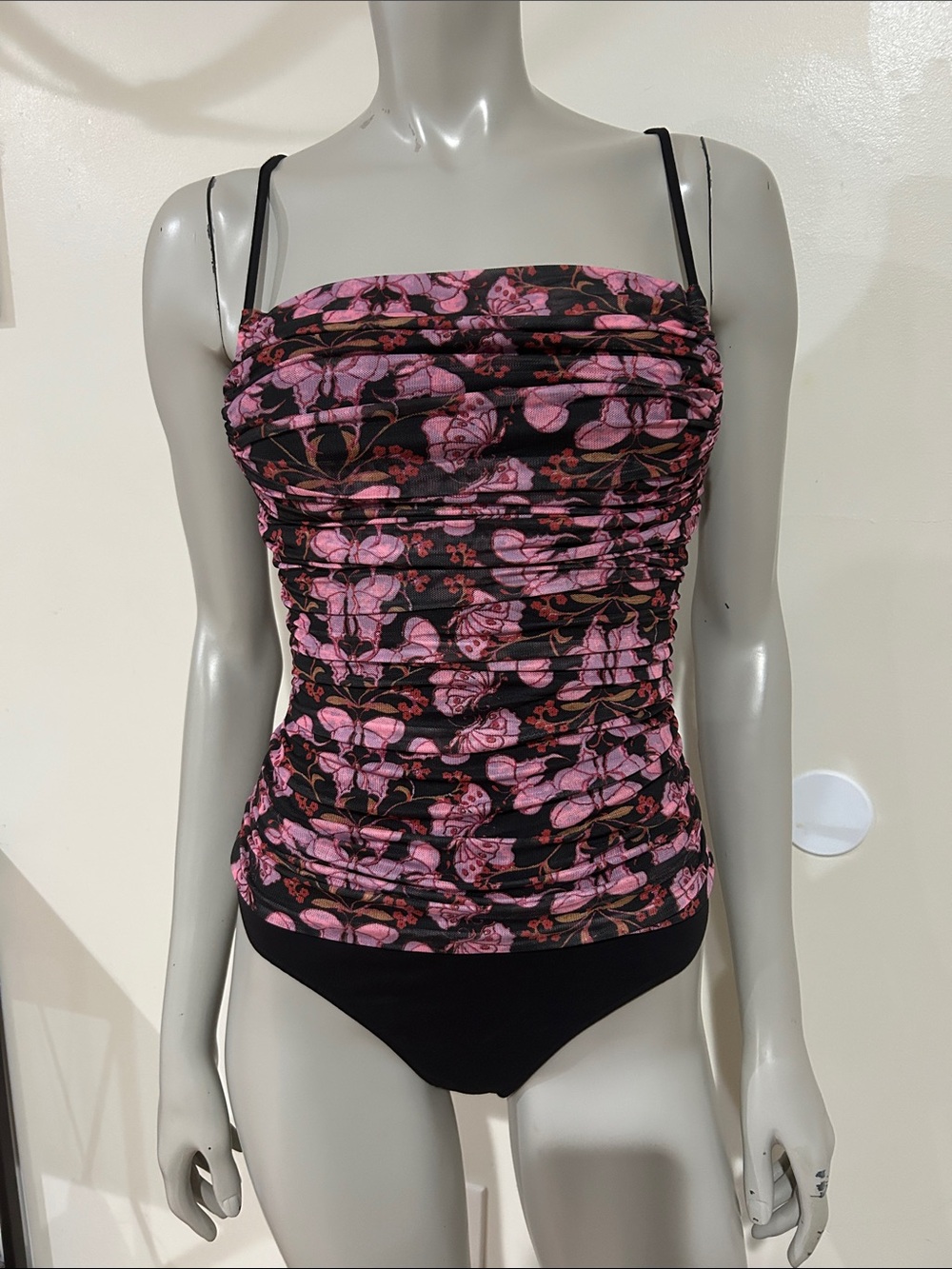 Black & Pink Floral Ruched Bodysuit Tank Top